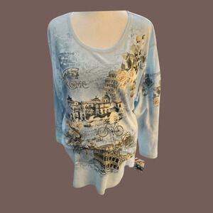 Cactus Rome Print Top | Blue Scoop Neck | Size 2X | Vintage NWT